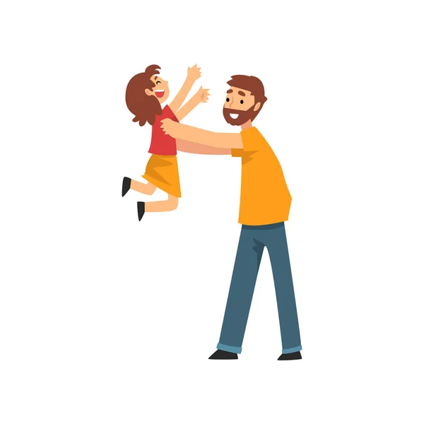 幸せなお父さんは、彼の手に笑顔の娘を保持し、父と彼の子供は一緒に楽しい時間を過ごす、幸せな家族漫画ベクトルイラスト — ストックベクタ