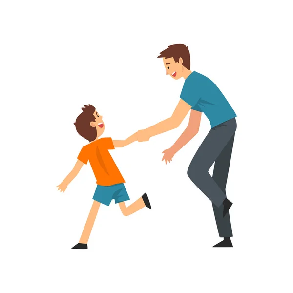 Papá e hijo jugando a ponerse al día y Tag Game, Padre y su hijo pasando un buen rato juntos, Feliz Familia Dibujos Animados Vector Ilustración — Vector de stock