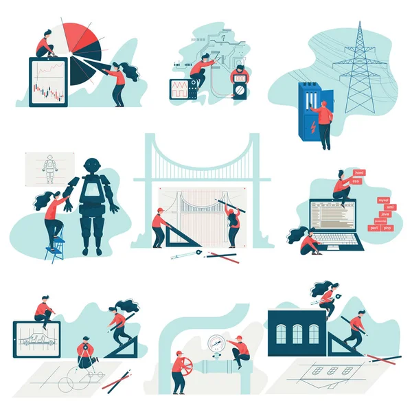 Engineers Working at Projects Set, Programmers, Electricians, Architects, Builders Engineers at Work, Car Industry, Software, Architectural Engineering Vector Illustration — Stock Vector