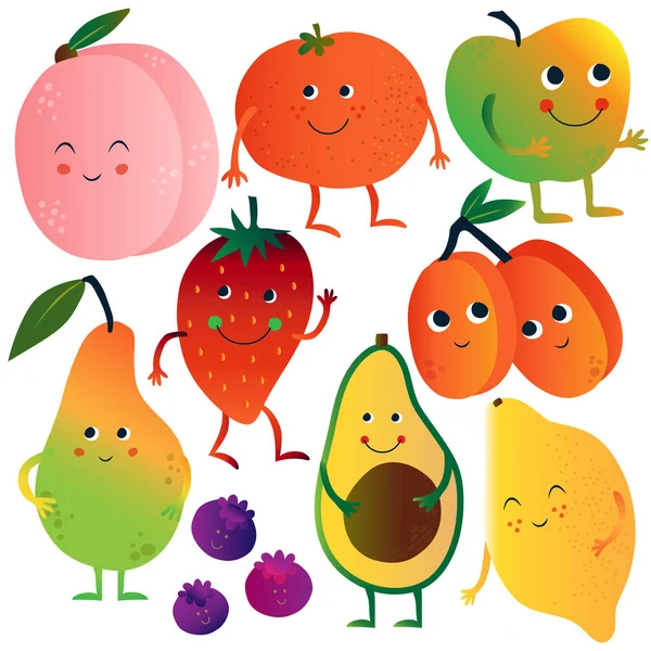 재미있는 얼굴 세트, 복숭아, 토마토, 사과, 딸기, 아보카도, 레몬, 블루 베리, 살구, 배 벡터 일러스트와 재미 과일과 야채 만화 캐릭터 — 스톡 벡터