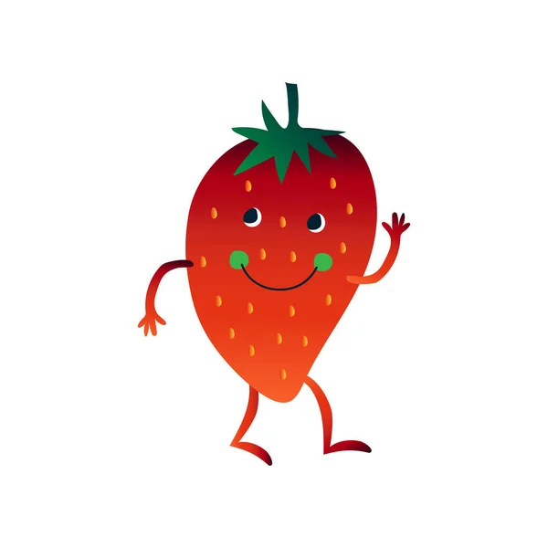 Słodkie truskawki machając ręką, wesoły zabawny Berry cartoon charakter z zabawny twarz wektor ilustracja — Wektor stockowy