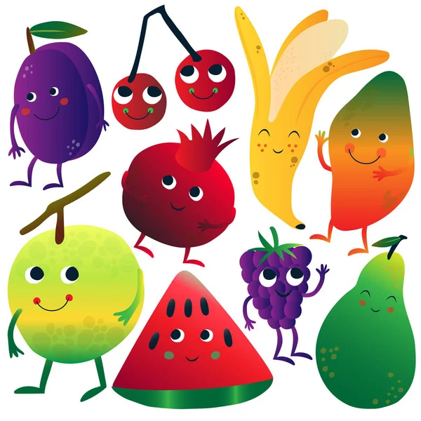 Funny Fruits Cartoon Characters with Funny Faces Set, Plum, Ripe Cherries, Banana, Mango, Apple, Watermelon, Blackberry, Pomegranate Vector Illustration — Stock Vector