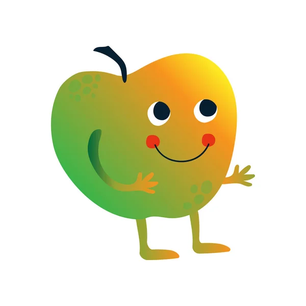可爱的甜苹果，有趣的水果卡通人物与有趣的脸矢量插图 — 图库矢量图片