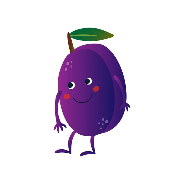 Schattig pruim, grappige fruit cartoon karakter met grappige gezicht vector illustratie — Stockvector