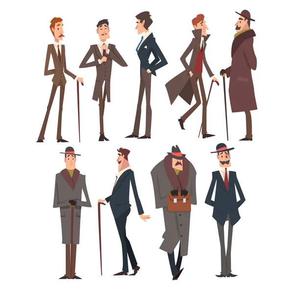 Set de personaje Victorian Gentlemen, bărbați bogați și de succes în costume elegante Ilustrație vectorială — Vector de stoc