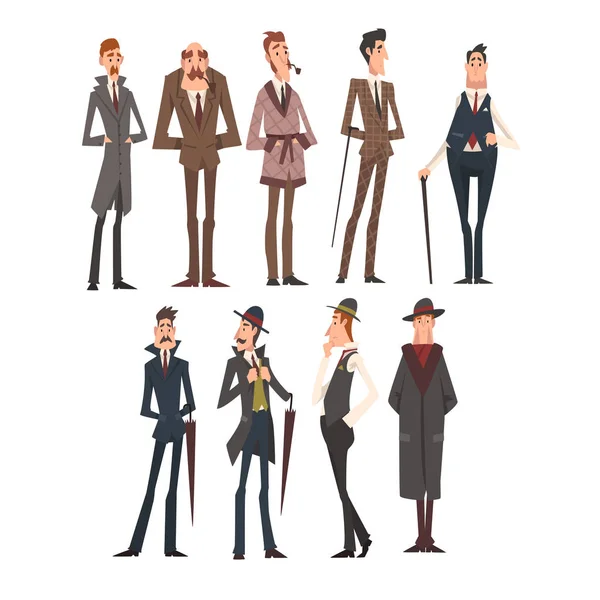 Conjunto de personajes de caballeros victorianos, hombres ricos y exitosos con trajes elegantes Vector Illustration — Archivo Imágenes Vectoriales