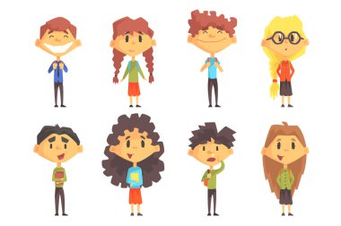 Komik öğrencileri İlköğretim Okulu. Sevimli erkek ve kız ile omuz ve el kitaplarında sırt çantaları. Düz vektör set