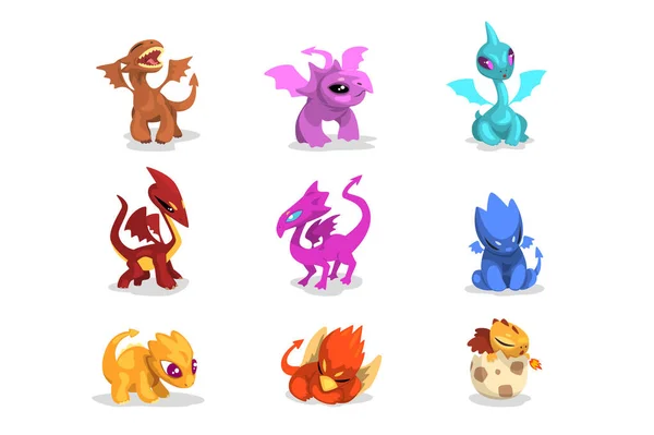 Ensemble de dragons colorés dans un style plat. Personnages de dessins animés de monstres mythiques. Vecteur pour jeu mobile, livre pour enfants ou t-shirt imprimé — Image vectorielle