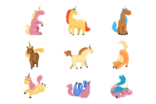 Set vettore piatto di adorabili unicorni in diverse azioni. Mitico animale con corno singolo. Elementi per cartolina, libro per bambini o gioco — Vettoriale Stock