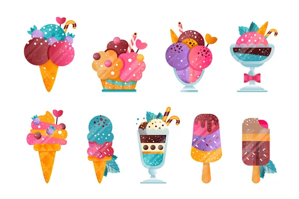 Flat vector set of ice-cream with gradients and texture. Tasty frozen desserts decorated with sprinkles, berries, leaves and candy canes.