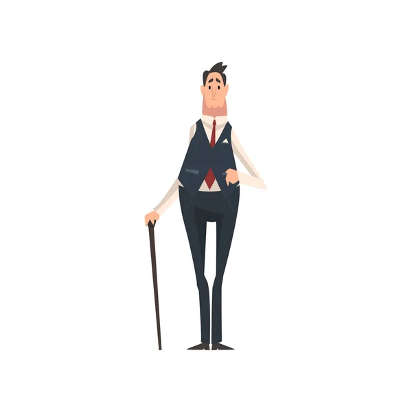 Elegant Victorian Gentleman Character with Walking Cane Vector Illustration — Stock Vector