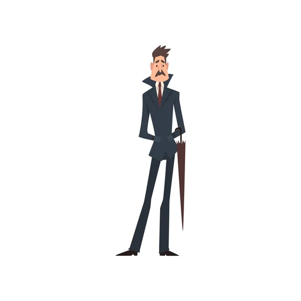 Personaje caballero victoriano seguro de sí mismo en traje elegante con paraguas Vector Ilustración — Vector de stock