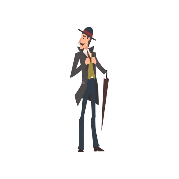 Elegante personaje de caballero victoriano caminando con paraguas Vector Illustration — Vector de stock