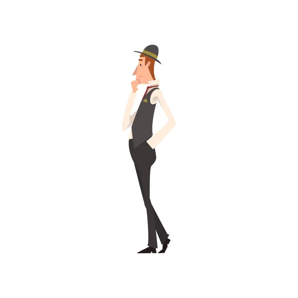Personaje de caballero victoriano reflexivo en traje elegante, ilustración vectorial de vista lateral — Vector de stock