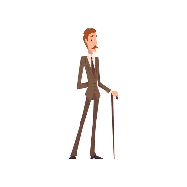 Self Confident Victorian Gentleman Character in Elegant Suit Standing with Walking Cane Vector Illustration — Stock Vector