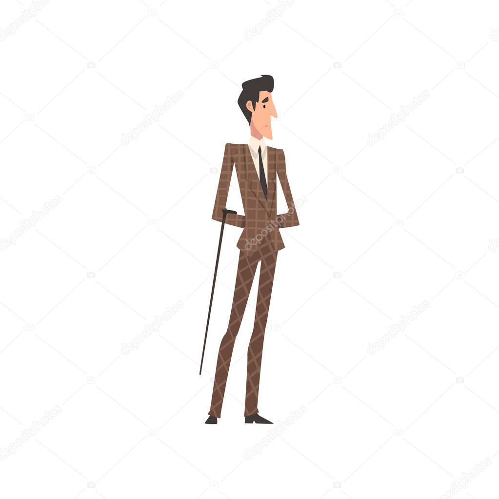 Elegant Victorian Gentleman Character in Suit Walking with Cane Vector Illustration