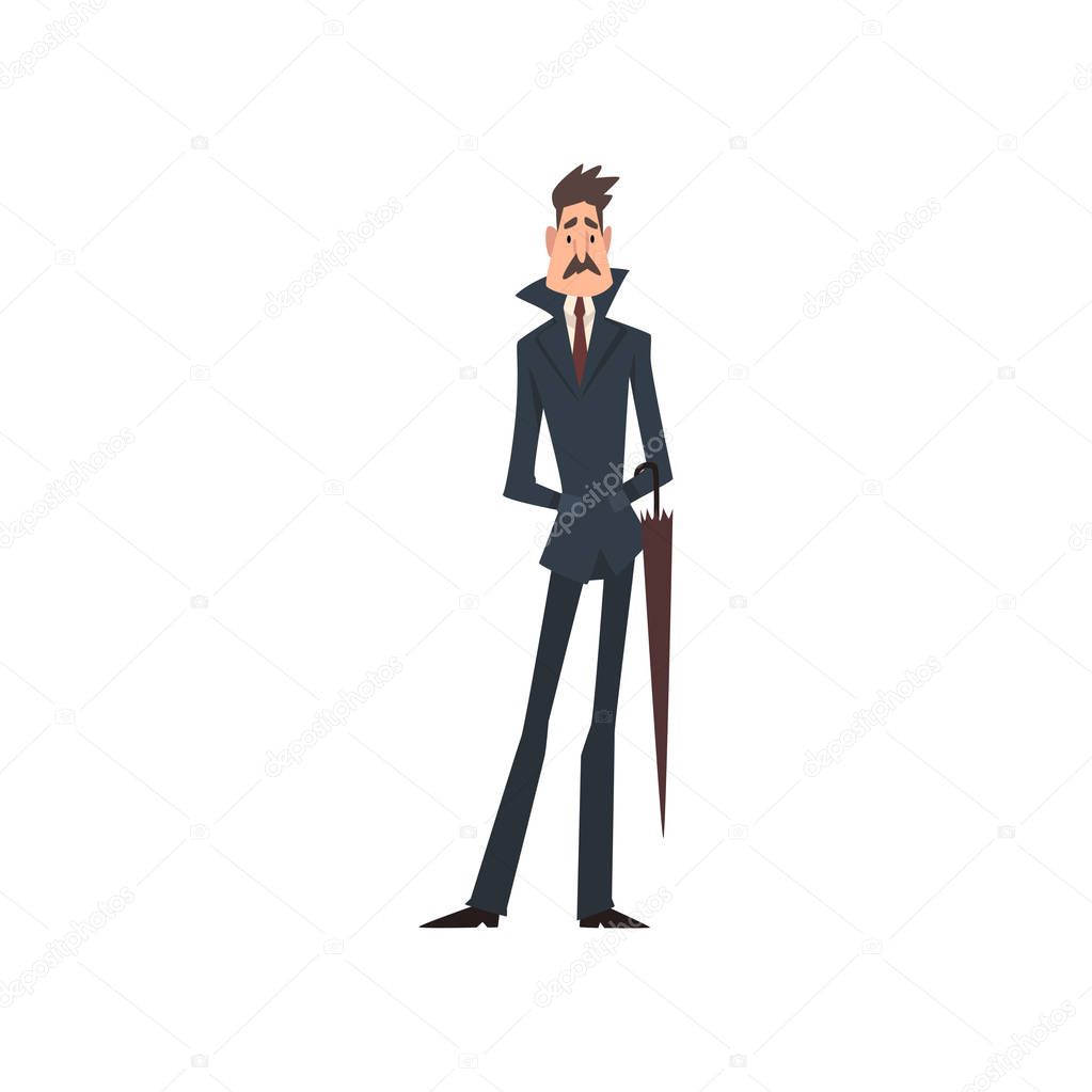 Self Confident Victorian Gentleman Character in Elegant Suit with Umbrella Vector Illustration
