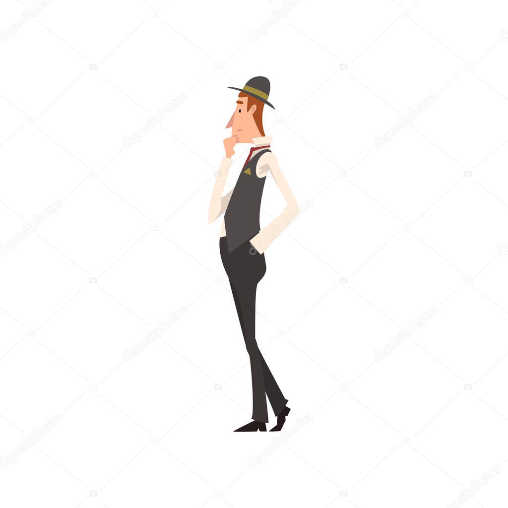 Thoughtful Victorian Gentleman Character in Elegant Suit, Side View Vector Illustration