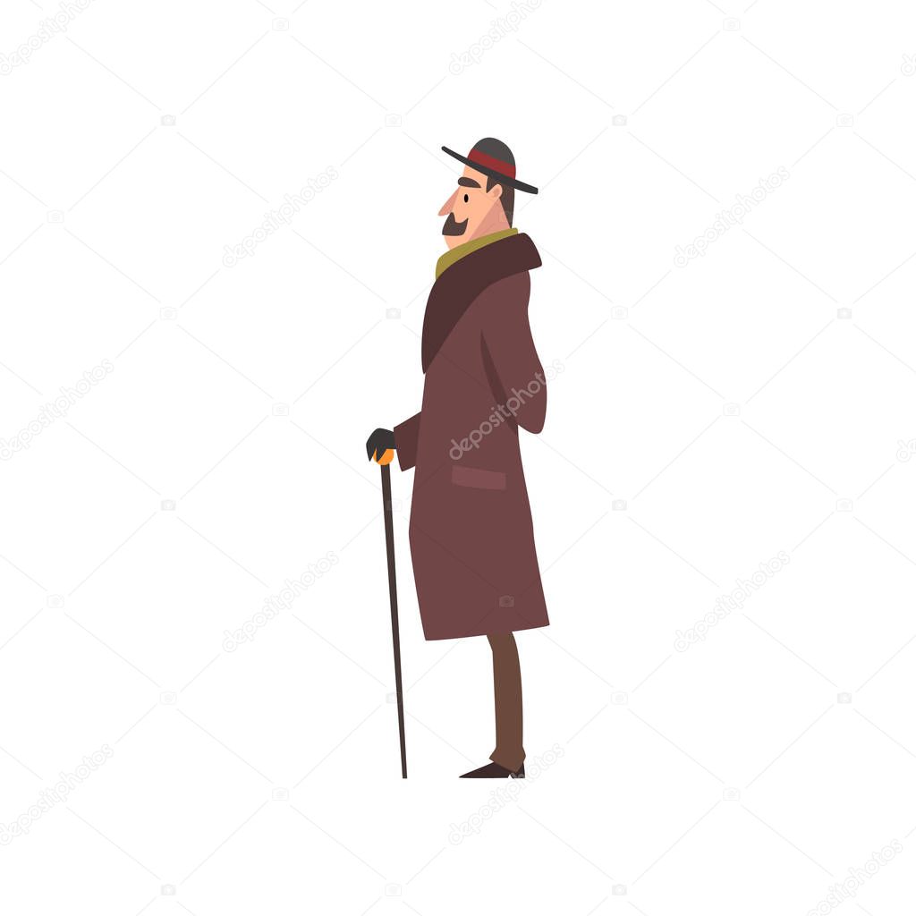 Elegant Victorian Gentleman Character in Brown Coat and Hat Walking with Cane Vector Illustration