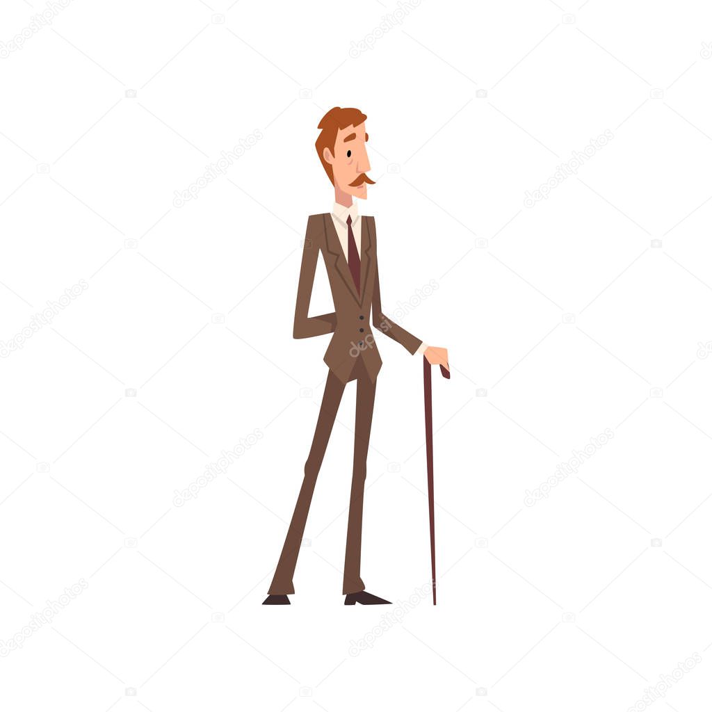 Self Confident Victorian Gentleman Character in Elegant Suit Standing with Walking Cane Vector Illustration