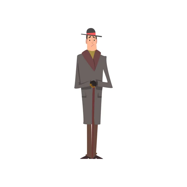 Elegant Victorian Gentleman Character in Grey Coat and Hat Standing with Walking Cane Vector Illustration — Stock Vector