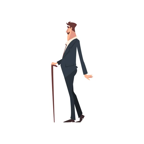 Elegant Victorian Gentleman Character in Black Suit Walking with Cane, Side View Vector Illustration — Stock Vector