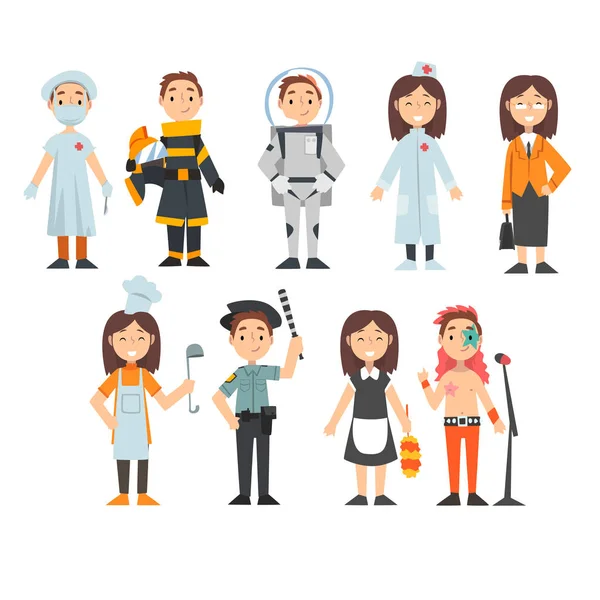 Niños de diversas profesiones Set, Doctor, Bombero, Astronauta, Empresaria, Chef Cook, Oficial de Policía, Mucama, Cantante, Niños Soñando con Profesión Futura Vector Illustration — Vector de stock