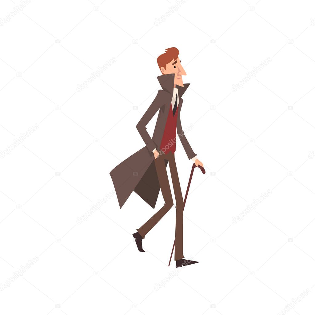 Elegant Victorian Gentleman Cartoon Character Walking with Cane Vector Illustration