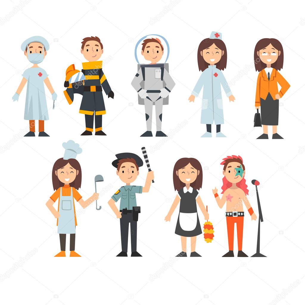 Kids of Various Professions Set, Doctor, Firefighter, Astronaut, Businesswoman, Chef Cook, Police Officer, Maid, Singer, Kids Dreaming of Future Profession Vector Illustration