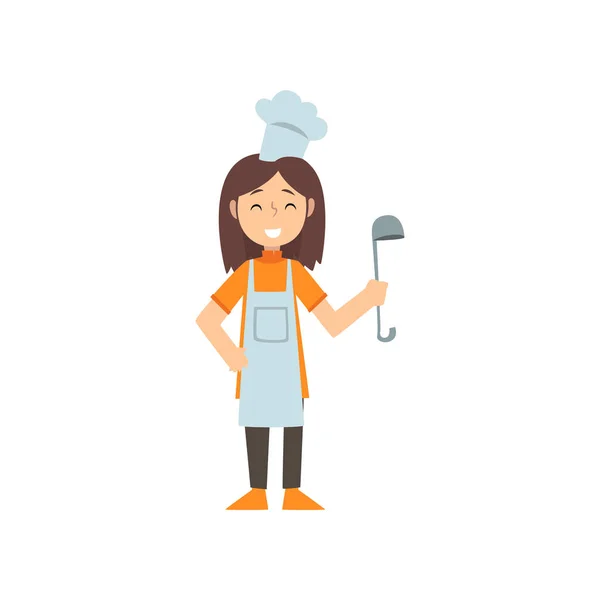 Girl Chef Character with Ladle, Kid Dreaming of Future Profession Vector Illustration — Stock Vector