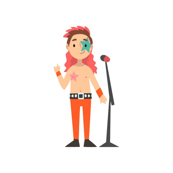 Αγόρι pop τραγουδιστής χαρακτήρας με μικρόφωνο, παιδί ονειρεύεται το μέλλον επάγγελμα απεικόνιση διάνυσμα — Διανυσματικό Αρχείο