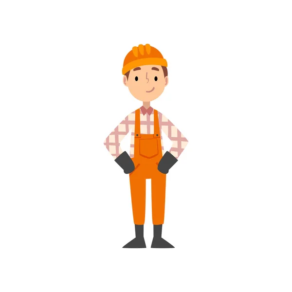 Boy Construction Worker Character in Uniform and Hard Hat, Kid Dreaming of Future Profession Vector Illustration — Stock Vector