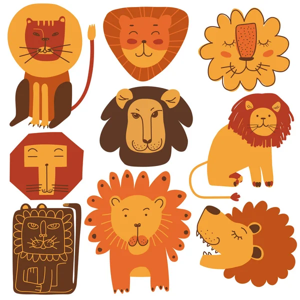 Aranyos barátságos Lions szett, stilizált design elemek használható póló nyomtatás, plakát, kártya, címke, jelvény Vector illusztráció — Stock Vector