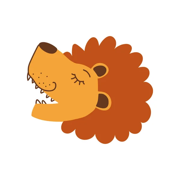 Cabeça de leão bonito, vista lateral, elemento de design pode ser usado para impressão de camiseta, pôster, cartão, etiqueta, ilustração de vetor de emblema — Vetor de Stock