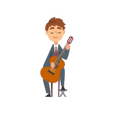 Boy Playing Guitar, Yetenekli Genç Gitarist Karakter Akustik Müzik Enstrümanı Çalma, Klasik Müzik Vektör İllüstrasyon Konseri