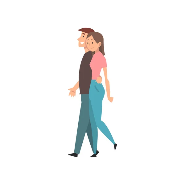 Couple romantique heureux marchant ensemble, Jeune homme et belle femme sur la date, Happy Lovers personnages vectoriels Illustration — Image vectorielle