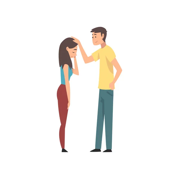 Jeune homme apaisant bouleversé belle femme, couple sur la date Illustration vectorielle — Image vectorielle