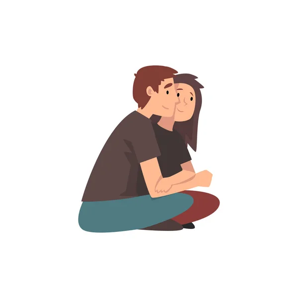 Hombre joven y mujer hermosa sentados en el suelo y abrazos, pareja romántica feliz en la fecha, vista trasera, personajes de amantes felices Vector Ilustración — Vector de stock