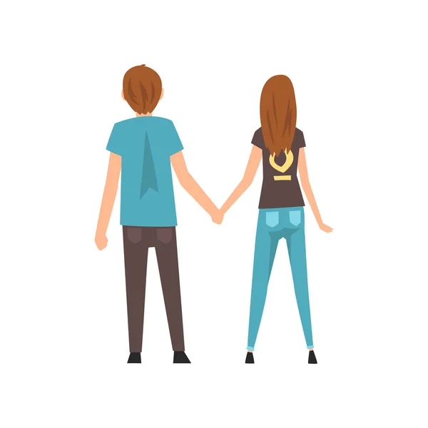 若い男と女の手を握ります,幸せなロマンチックなカップル日付,バックビュー,幸せな恋人キャラクターベクトルイラスト — ストックベクタ