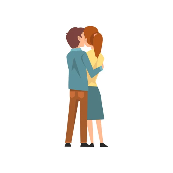 Joven y hermosa mujer abrazando, pareja romántica feliz en la fecha, Vista trasera, personajes de amantes felices Vector Ilustración — Archivo Imágenes Vectoriales