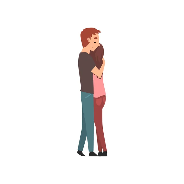 Hombre joven y hermosa mujer abrazo, feliz pareja romántica en la fecha, amantes felices personajes Vector Ilustración — Vector de stock