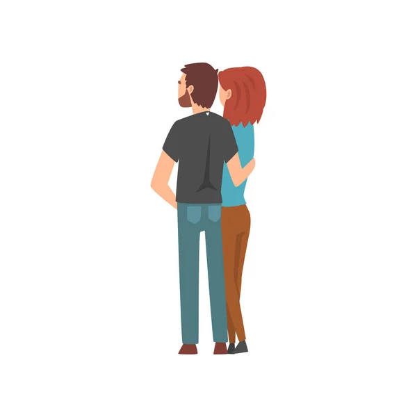 Jonge man en vrouw knuffelen en kijken naar afstand, Happy Romantic Couple op datum, Back View, Happy Lovers Karakters Vector Illustratie — Stockvector