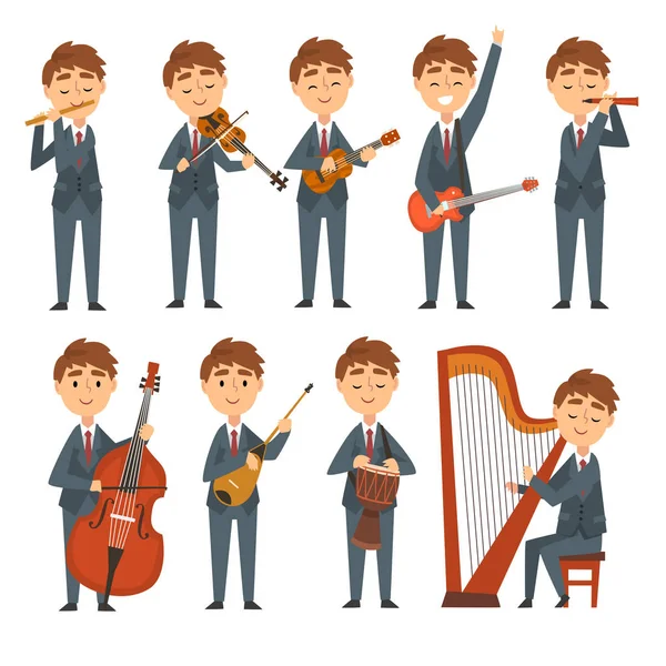 Músicos Chicos tocando diferentes instrumentos musicales, Niños talentosos personajes tocando flauta, violín, guitarra, ukelele, arpa, violonchelo, tambor étnico Vector Ilustración — Vector de stock