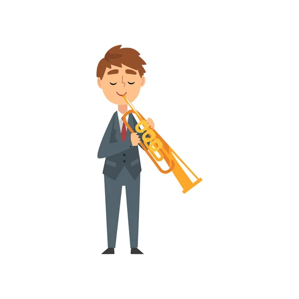 Boy játék trombita, tehetséges fiatal trombitás karakter játék Musical Instrument koncert a klasszikus zene Vector illusztráció — Stock Vector