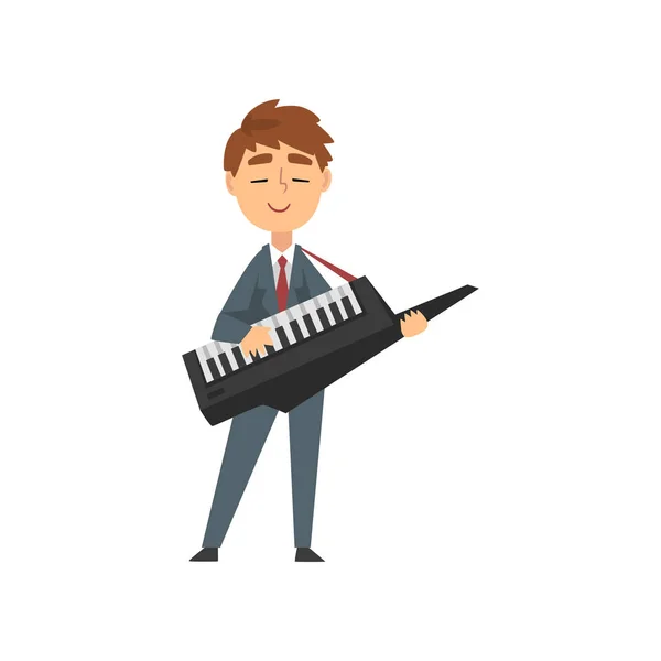 Fiú játék szintetizátor, tehetséges fiatal zenész karakter lejátszása billentyűzet Musical Instrument Vector illusztráció — Stock Vector