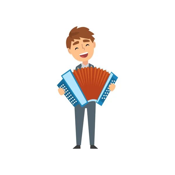 Boy Playing Accordion, Talented Young Accordionist Character Playing Acoustic Musical Instrument at Concert Vector Illustration — Stock Vector