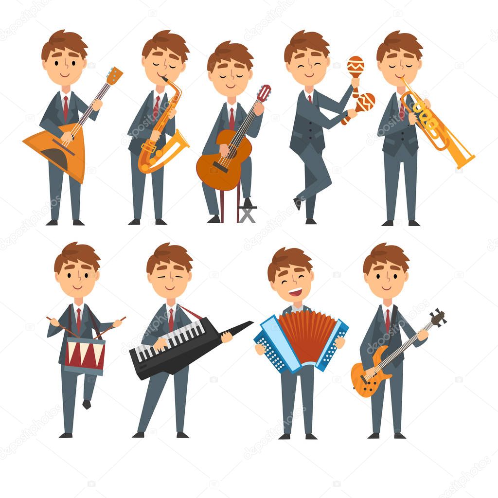 Musicians Boys Playing Different Musical Instruments Set, Talented Children Characters Playing Balalaika, Saxophone, Guitar, Maracas, Drum, Synthesizer, Trumpet, Accordion Vector Illustration