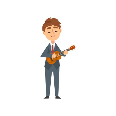 Boy Playing Ukulele, Yetenekli Genç Müzisyen Karakter Akustik Müzik Aleti Vektör İllüstrasyon Oynama