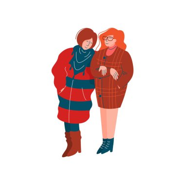 Şık Mevsimlik Kıyafetler Giymiş İki Kız Yürüyüş, Bahar Sezonu Açık Hava Etkinlikleri Vektör İllüstrasyon