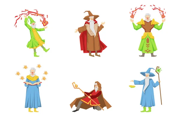 Flat vector set of magicians in different actions. Old gray-bearded wizards. Cartoon characters with magical powers — Stock Vector